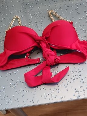Red Bikini Top with Gold Chain Straps